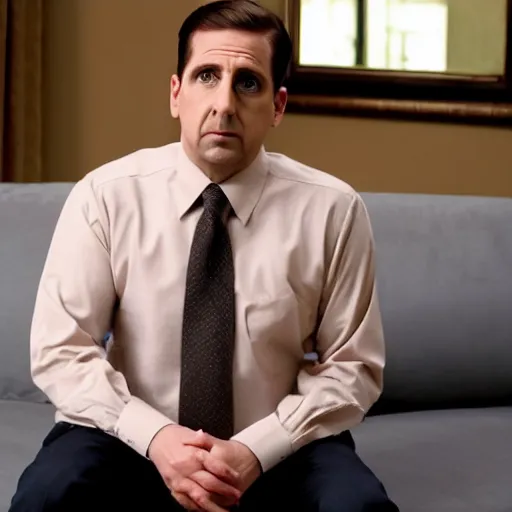 Image similar to full body photo of michael scott, mature male, mysterious face. he is sitting gracefully on a sofa, elegant slim beige shirt, tight shirt, bouncy belly