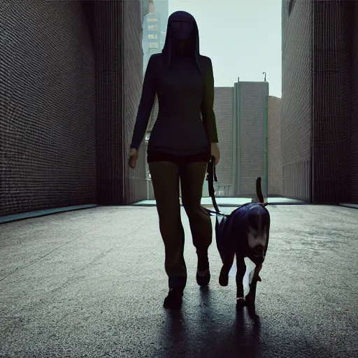 Image similar to Full lenght view contamporary art photography of ultra mega super hyper realistic girl walking with a dog . Photo on Leica Q2 Camera, Rendered in VRAY and DaVinci Resolve and MAXWELL and LUMION 3D, Volumetric natural light. Wearing cyberpunk suit with many details by Hiromasa Ogura .Rendered in VRAY and DaVinci Resolve and MAXWELL and LUMION 3D, Volumetric natural light