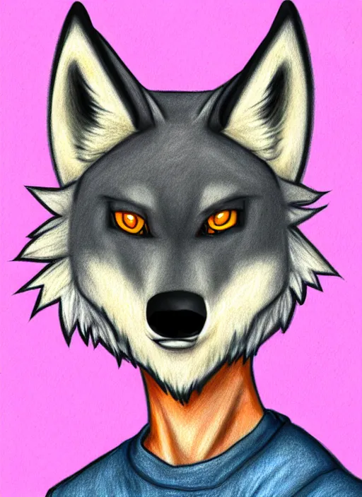 Image similar to expressive stylized master furry artist digital colored pencil painting full body portrait character study of the wolf small head fursona animal person wearing clothes jacket and jeans by master furry artist blotch