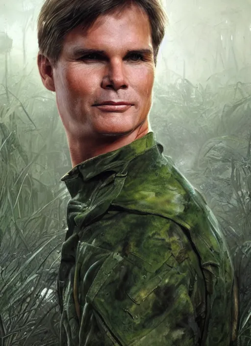 Prompt: portrait of a young richard dean anderson wearing a green combat uniform, in a post appocalyptic city overgrown by plants, by stanley artgerm lau, by wlop, by luis royo, by greg rutkowski, cover illustration, concept art, volumetric lighting, volumetric atmosphere, sharp focus, octane render, trending on artstation, 8 k