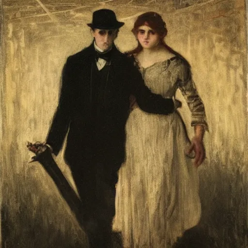 Image similar to young victorian man and woman traversing a dark maze, the man holding a torch, the woman hiding behind him, by alfred stevens