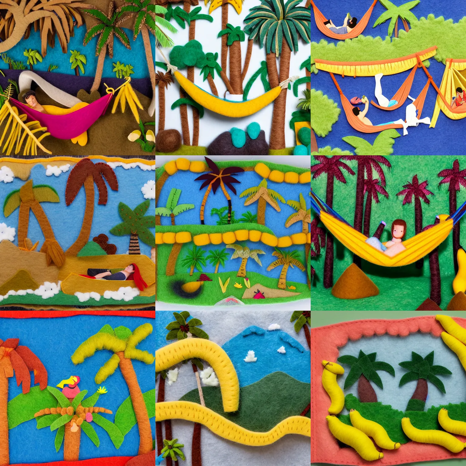 Prompt: detailed felt diorama of people sleeping in hammocks that look like bananas, jungle background with lots of palm trees