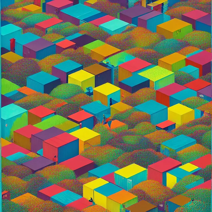 Image similar to surreal glimpse into other universe, stacks of shipping container, summer morning, very coherent and colorful high contrast, art by!!!! gediminas pranckevicius!!!!, geof darrow, floralpunk screen printing woodblock, dark shadows, hard lighting, stipple brush technique,