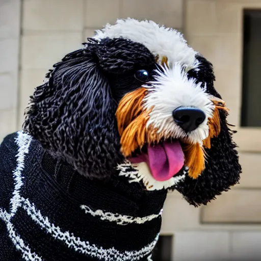 Image similar to a closeup photorealistic photograph of a cute smiling knitted bernedoodle judge dog dressed in a black gown, presiding over the courthouse. indoor image, professional capture, well lit shot. this 4 k hd image is trending on artstation, featured on behance, well - rendered, extra crisp, features intricate detail, epic composition and the style of unreal engine.