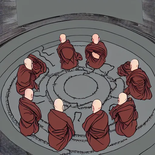 Image similar to hyper detailed, 5 monks kneeling in a circle, wires coming out of the back of their heads connecting them to a computer in the center, dark shadowy surroundings, dystopian scifi, horror