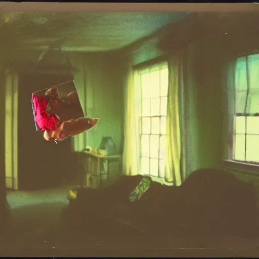 Image similar to coloured atmospheric polaroid photo of a with transparent corpse dead body floating in old living room interior