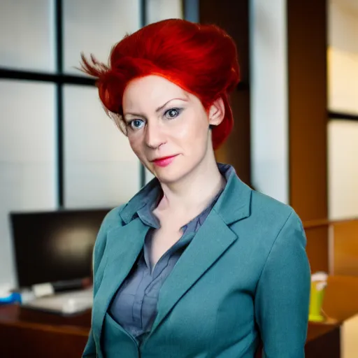 Prompt: Portrait of Jean Grey, a beautiful woman in her 30s, with red hair and green eyes, dressed casually, in the background is an elegant office, manga,