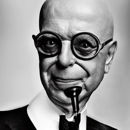 Image similar to UHD candid photo of Klaus Schwab dressed as Dr. No, wearing extremely accurate clown makeup, accurate face, UHD, photorealistic, correct face, photo by Annie Leibowitz