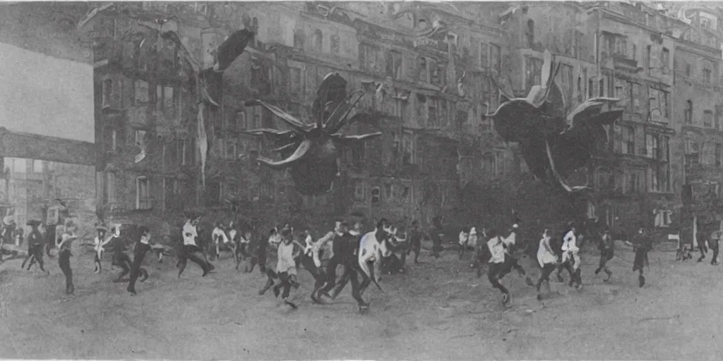 Prompt: a few people run from building as cameraman points at large flying monster, 1 9 0 0 s photograph