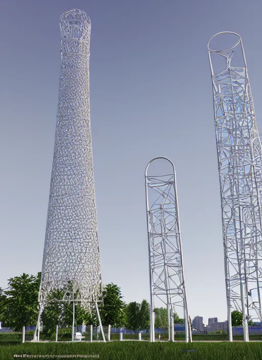 Prompt: highly detailed realistic architecture 3 d render of a stele shukhov tower with rouble icon inside standing in a city park, archdaily, made in unreal engine 4 octane render