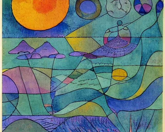 Prompt: Waves in the ocean. Sci-fi dreamworld. LSD. DMT. Paul Klee.
