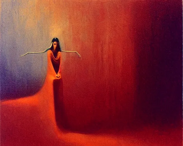 Prompt: by francis bacon, beksinski, mystical redscale photography evocative, expressionism. krysten ritter