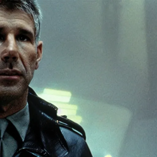 Prompt: film still blade runner Officer Deckard wearing techwear