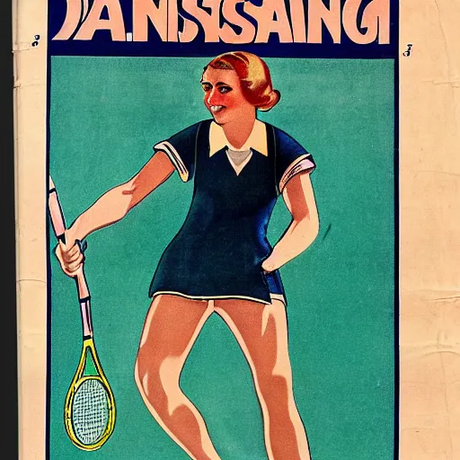 Image similar to a 1 9 2 8 cover of a danish magazine. happy, healthy, beautiful, smiling, young, sporty, glowing woman in decent athletic wear playing tennis. realistic detailed color drawing