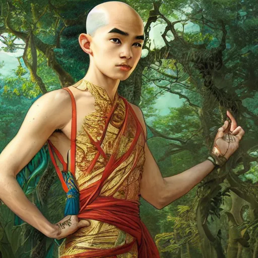 Image similar to intricate detailed portrait painting of aang on a beautiful forest meadow, temple ruins surrounded by lush forest, afternoon, intricate, elegant, highly detailed, digital painting, sharp, focus, illustration art by artgerm and greg rutkowski and alphonse mucha