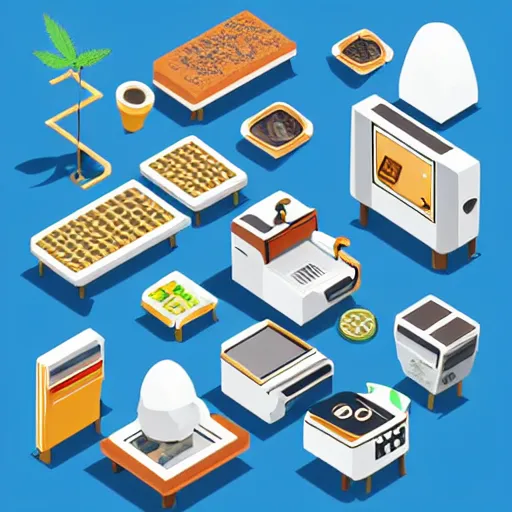 Image similar to isometric cartoon recreational cannabis cafe building interior axonometric espresso machine, aluminum sheen, people drink coffee and people smoke cannabis cigarettes, cannabis vending machines, beanbags, 4 cannabis pots, by benoit mandelbrot, low poly cute minimal concept art illustrated by anni albers