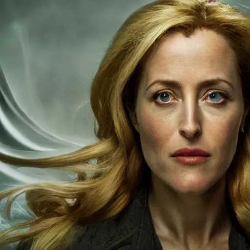 Image similar to Gillian Anderson as a lighting powered war mage, realistic, detailed, 4k