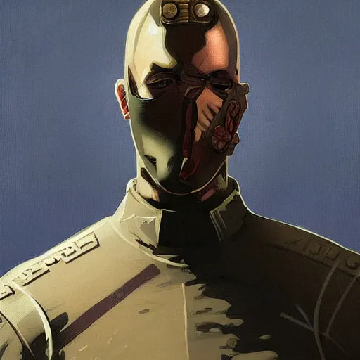 Image similar to portrait of rubbery, gaunt albino mutant with moist skin, sharp features, large lips, huge black eyes and determined expression, wearing fascist Byzantine police uniform and standing on cyberpunk docks, Dune concept art by Anato Finnstark, Alphonse Mucha, and Greg Rutkowski