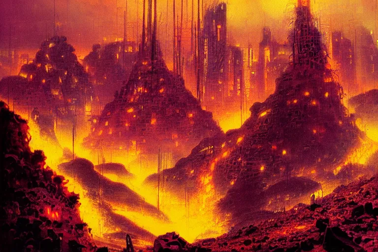 Image similar to a cyberpunk city in the crater of a volcano, lava flowing, smoke, fire, neon, industrial, by paul lehr