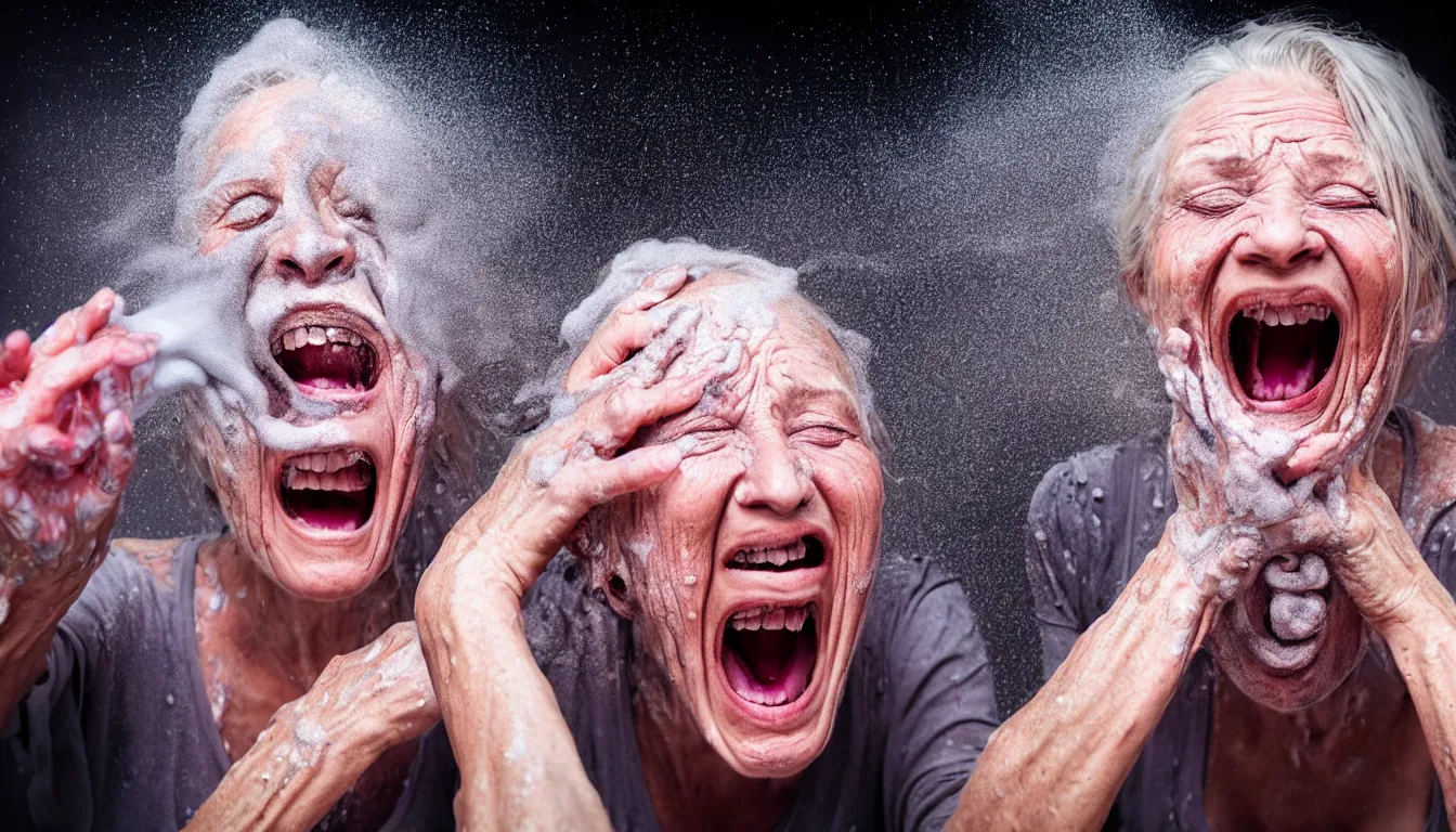 Prompt: o hyper realistic photo of a weathered old man with a beautiful woman's screaming face, feedback loop, burst of powders, spraying liquid, volumetric lighting, twisting vapour, bellowing dust, emerging hands, full colour, upscale, 4 k