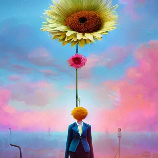 Image similar to giant daisy flower head, frontal, girl in a suit, surreal photography, sunrise, dramatic light, impressionist painting, digital painting, artstation, simon stalenhag