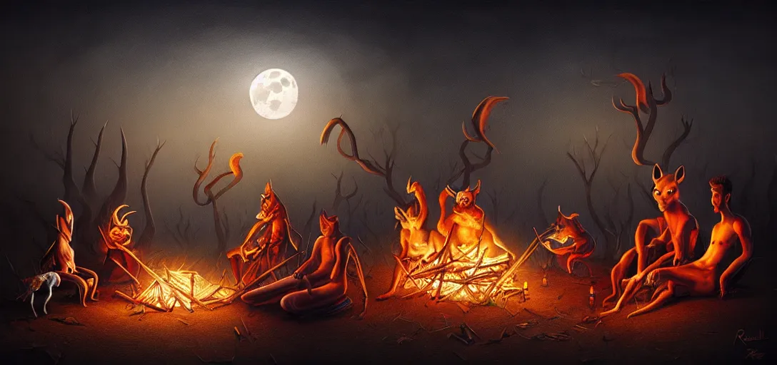 Image similar to strange mythical beasts of sitting around a fire under a full moon, surreal dark uncanny painting by ronny khalil