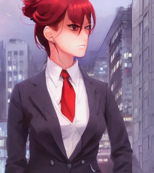 Image similar to a girl in a business, close up, sharp focus, red necktie, grey hair, serious expression, city background, digital painting, by tran ross and jordan grimmer and greg rutkowski, anime art, artstation, hd, smooth,