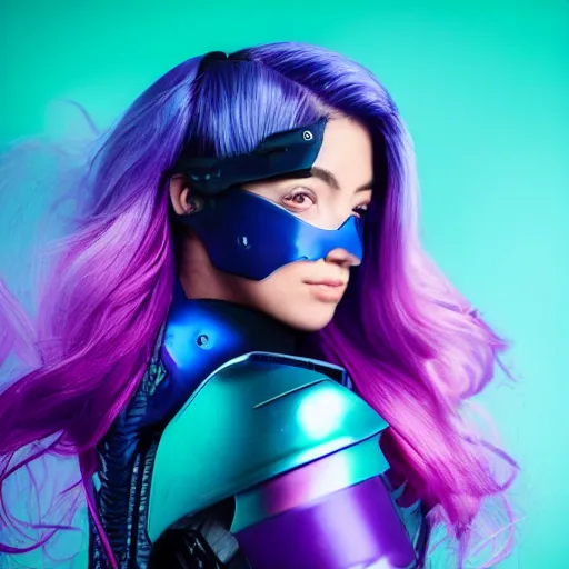Prompt: a award winning high shutter speed action upper body portrait of a beautiful woman with a ombre purple pink hairstyle with head in motion and hair flying while wearing futuristic navy blue and teal battle bodyarmor and pauldrons, outrun, vaporware, highly detailed, fine detail, intricate