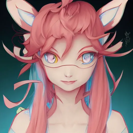 Image similar to Sylveon pokemon Gajinka as a small human girl , highly detailed, digital pencil painting, anime, cartoonish, hybrid human / anthro, monster girl, sharp focus, illustration, art by artgerm and greg rutkowski and alphonse mucha