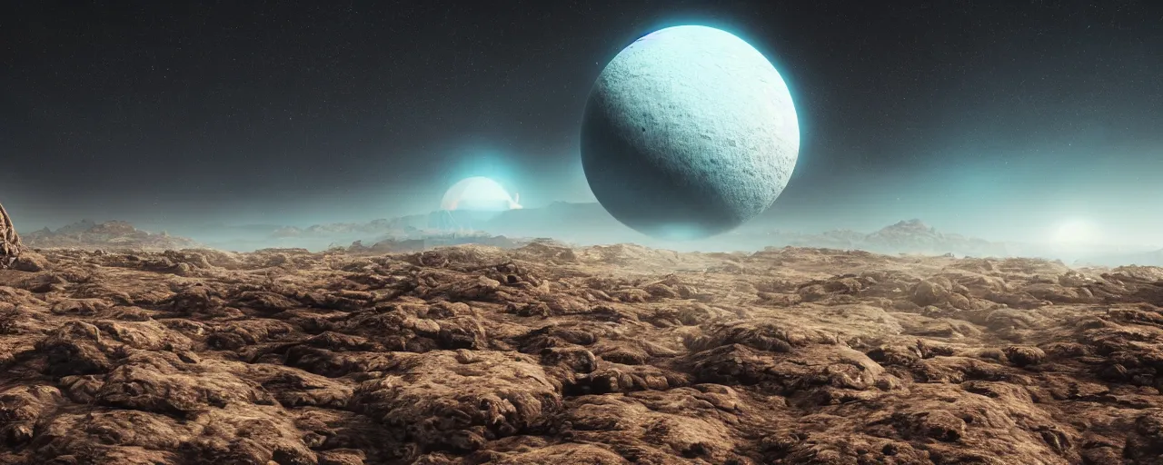 Image similar to ” looking at eart - like planet from a rocky asteroid, [ cinematic, detailed, epic, widescreen, opening, establishing, mattepainting, photorealistic, realistic textures, octane render ] ”