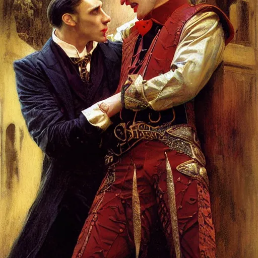 Image similar to attractive male, arthur pendragon confesses his love to attractive male dracula the vampire. highly detailed painting by gaston bussiere, craig mullins, j. c. leyendecker 8 k