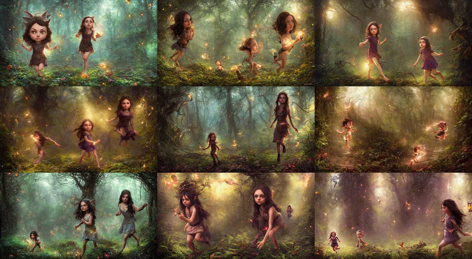 Image similar to portrait of wondrous little mila kunis running through mystical mythical elven forest wide - eyed, fireflies, electricity, wlop, steve argyle, ilya kuvshinov, ralph horsley, rossdraw, mark ryden, daniel f. gerhartz, sophie anderson, lilia alvarado, tom chambers