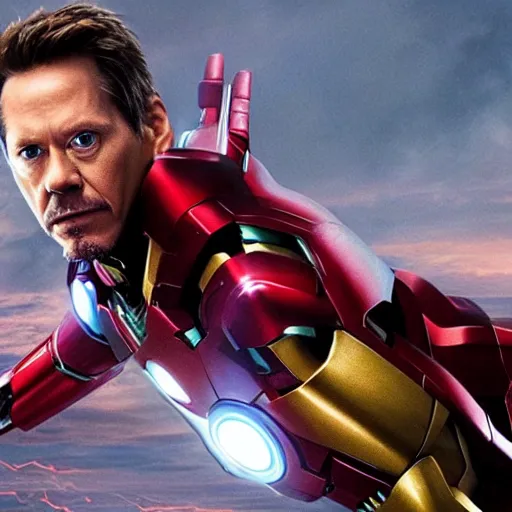 Image similar to film still of Kevin Bacon as Tony Stark in Ironman armor without the head piece in the new Avengers movie