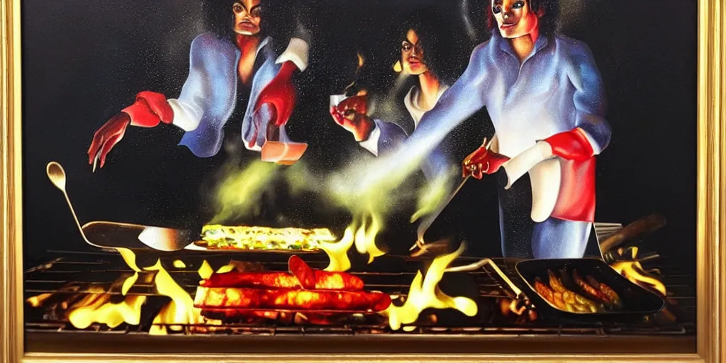 Prompt: michael jackson cooking a bbq in heaven, abstract oil painting by gottfried helnwein pablo amaringo raqib shaw zeiss lens sharp focus high contrast chiaroscuro gold complex intricate bejeweled