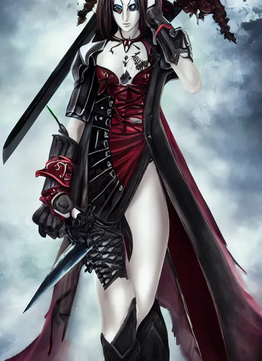 Prompt: full - body portrait, female vampire knight holding a large greatsword, lean and muscular, flying, kickboxing foot wraps, heavy plate armor, historical armor, metal mask, enchanting, elegant, seductive, smiling, ghostblade, wlop, modern fantasy, realistic proportions.