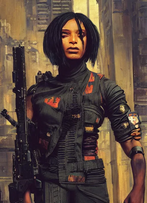 Image similar to Isabel igwe. cyberpunk mercenary wearing a military vest and combat jumpsuit. (Cyberpunk 2077, bladerunner 2049). Iranian orientalist portrait by john william waterhouse and Edwin Longsden Long and Theodore Ralli and Nasreddine Dinet, oil on canvas. Cinematic, vivid color, hyper realism, realistic proportions, dramatic lighting, high detail 4k