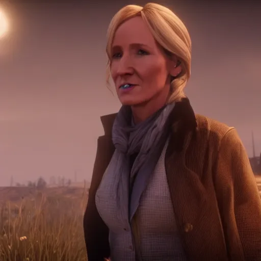 Image similar to Film still of J. K. Rowling, from Red Dead Redemption 2 (2018 video game)