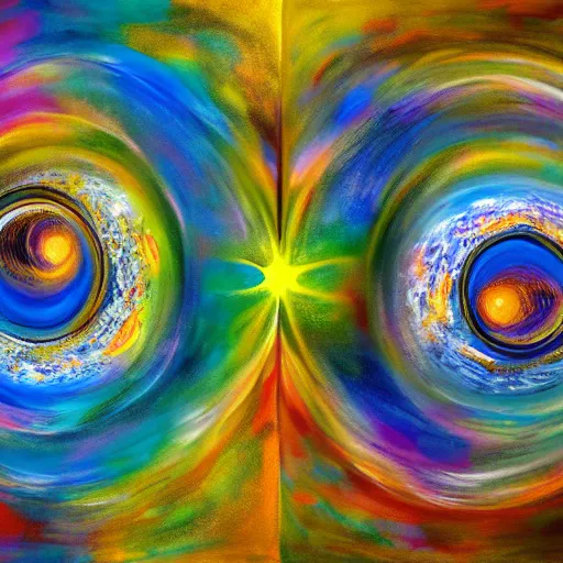 Image similar to photorealistic hyperdetailed abstract painting of the abstract sun and the abstract moon, whose lights entangle in multiple inverse colourful surreal spirals