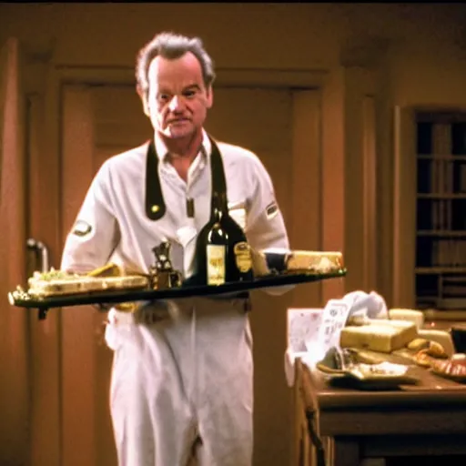 Image similar to film still of bill murray as Peter venkman, setting out a cheese and wine platter