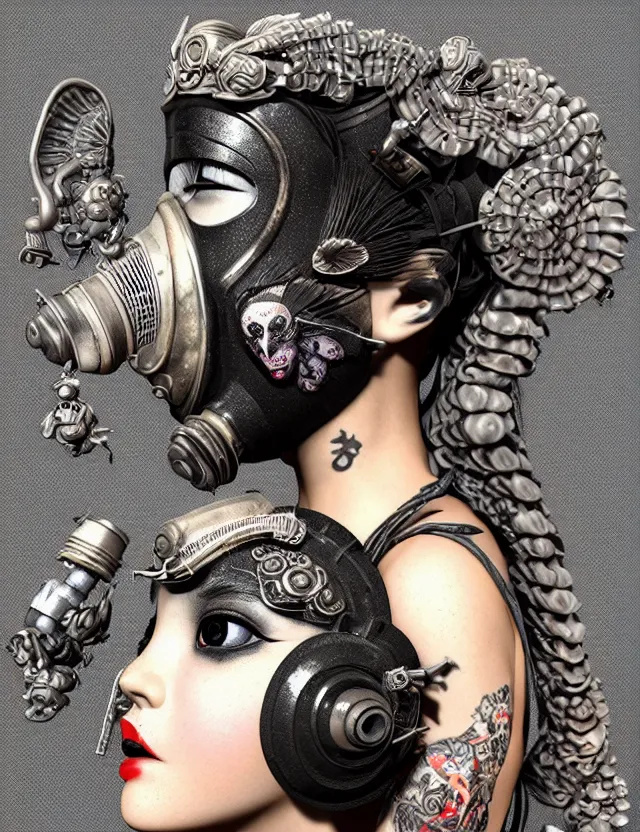 Image similar to 3 d goddess close - up profile punk portrait with vintage gas mask ram skull. beautiful intricately detailed japanese crow kitsune mask and clasical japanese kimono. betta fish, jellyfish phoenix, bio luminescent, plasma, ice, water, wind, creature, artwork by tooth wu and wlop and beeple and greg rutkowski