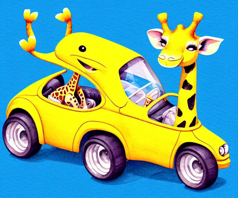 Image similar to cute and funny, giraffe riding in a tiny hot rod with oversized engine, ratfink style by ed roth, centered award winning watercolor pen illustration, isometric illustration by chihiro iwasaki, edited by range murata, tiny details by artgerm and watercolor girl, symmetrically isometrically centered, focused