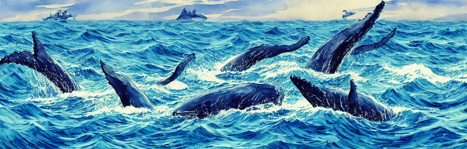 Image similar to whales in the ocean, aesthetically pleasing composition, watercolor painting by hayao miyazaki and vincent van gogh and national geographic, masterful, sharp focus, rich texture, rich vivid color, dynamic, energetic, lively, perspective, elegant design, high detail, hdr.