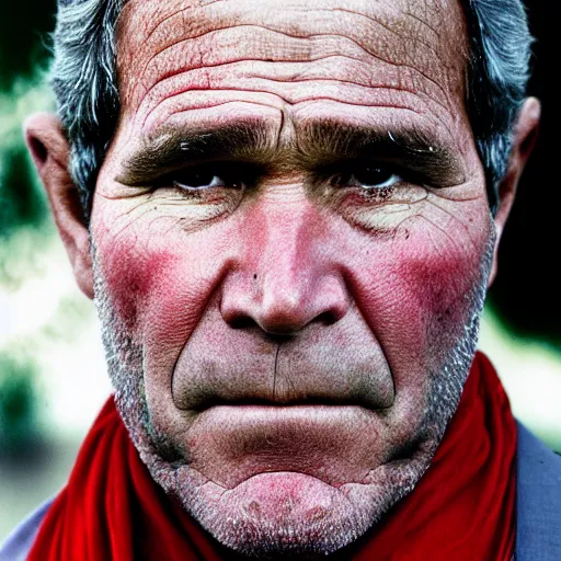 Prompt: portrait of president george w. bush as afghan man, green eyes and red scarf looking intently, photograph by steve mccurry