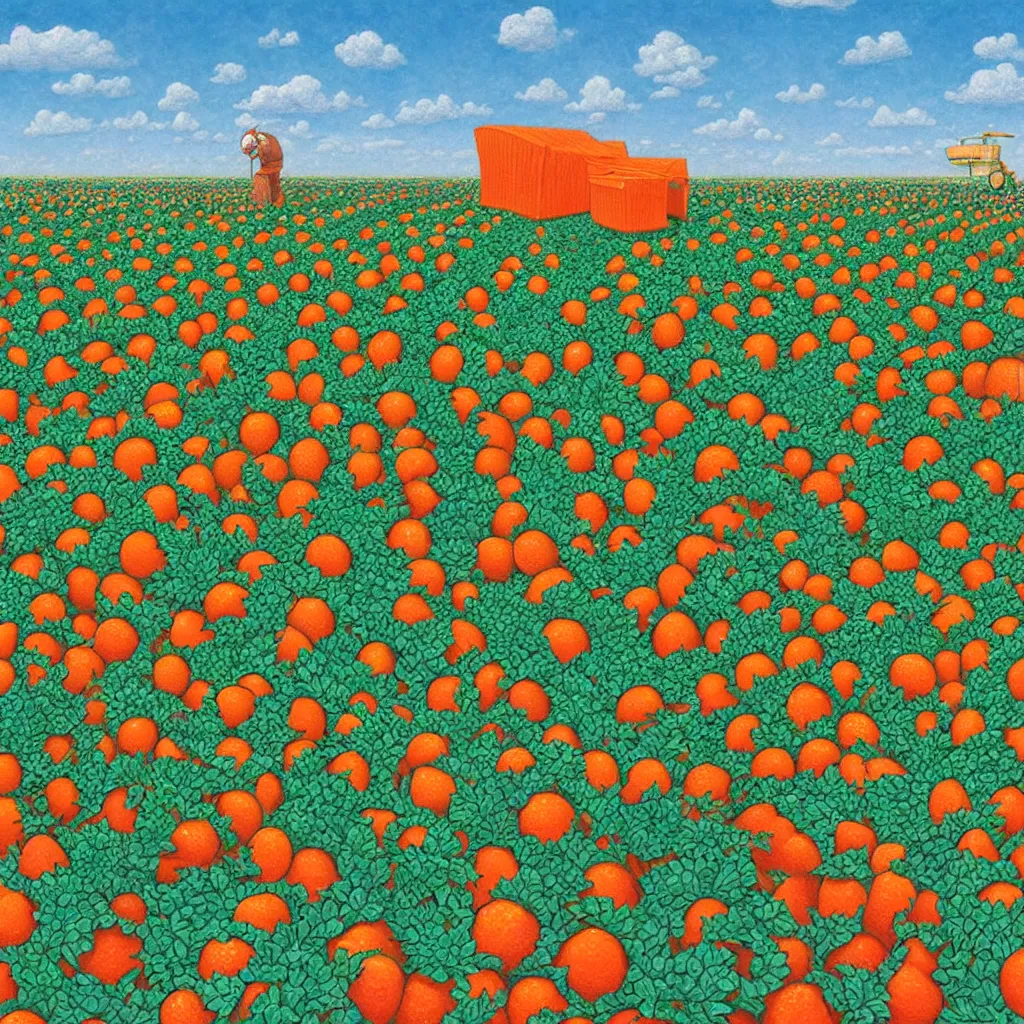 Image similar to a orange strawberry field seen by far in a car riding by, by Rob Gonsalves