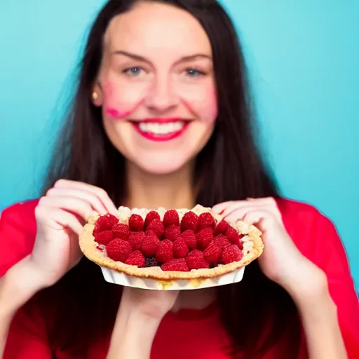 Image similar to A woman holding raspberry pie, red background