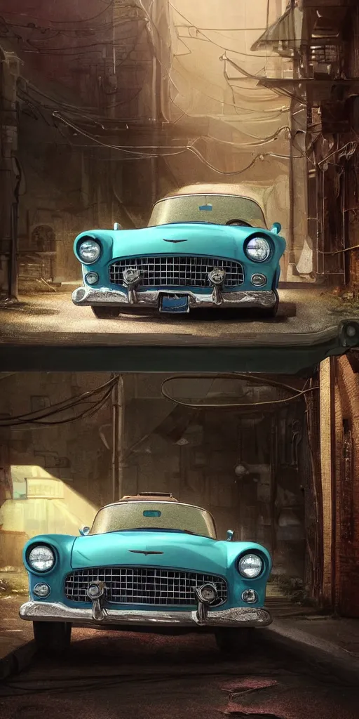 Image similar to a wholesome animation key shot of a focused old 1955 Ford Thunderbird car parked in an abandoned alleyway, medium shot, waist up, studio Ghibli, Pixar and Disney animation, sharp, very detailed, high resolution, Rendered in Unreal Engine 5, anime key art by Greg Rutkowski, Bloom, dramatic lighting