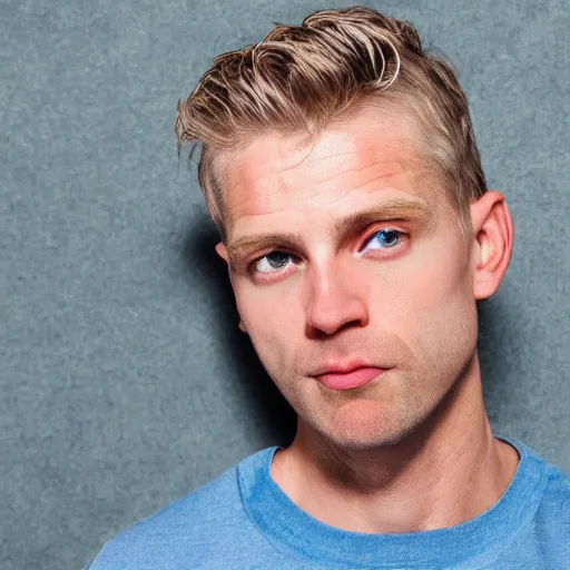 Prompt: full face color photograph of a 40 year old very handsome skinny white man with short, curly, light blond hair and very small slanted blue eyes, dressed in a white t shirt, gray shorts and black socks, with a small mole to the right of his very thin lips, with a straight nose and blond stubble on his round face, and an earring in the left ear. His small eyes, blond hair and manly features make him look like a lion.