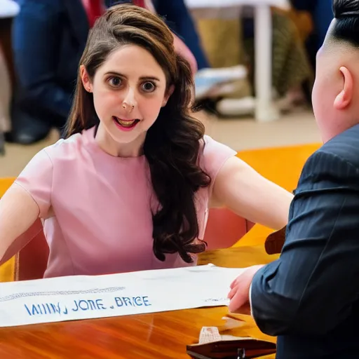 Prompt: close up shot of alison brie engaging peace talks with kim jong un at the slough corn exchange. photography, photographic