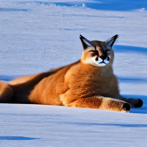 Image similar to photo still of drunk sleepy fat chubby caracal, lying on ice, big stomach, fullbody, sunny winter day