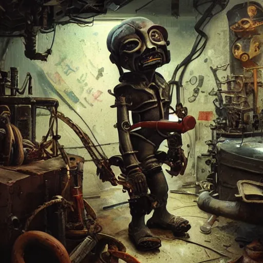 Image similar to closeup portrait of minimalist cyborg midget goblin with painful implants inside byzantine kowloon hoarder workshop filled with dieselpunk equipment, socialist realist composition by by greg rutkowski and h. r. giger and stalenhag and deak ferrand, studio ghibli composition